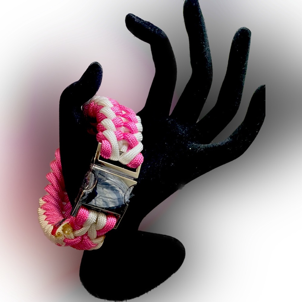 Handcrafted handmade pink white Paracord bracelet silver metal clasp 8.5 inches - Picture 1 of 11